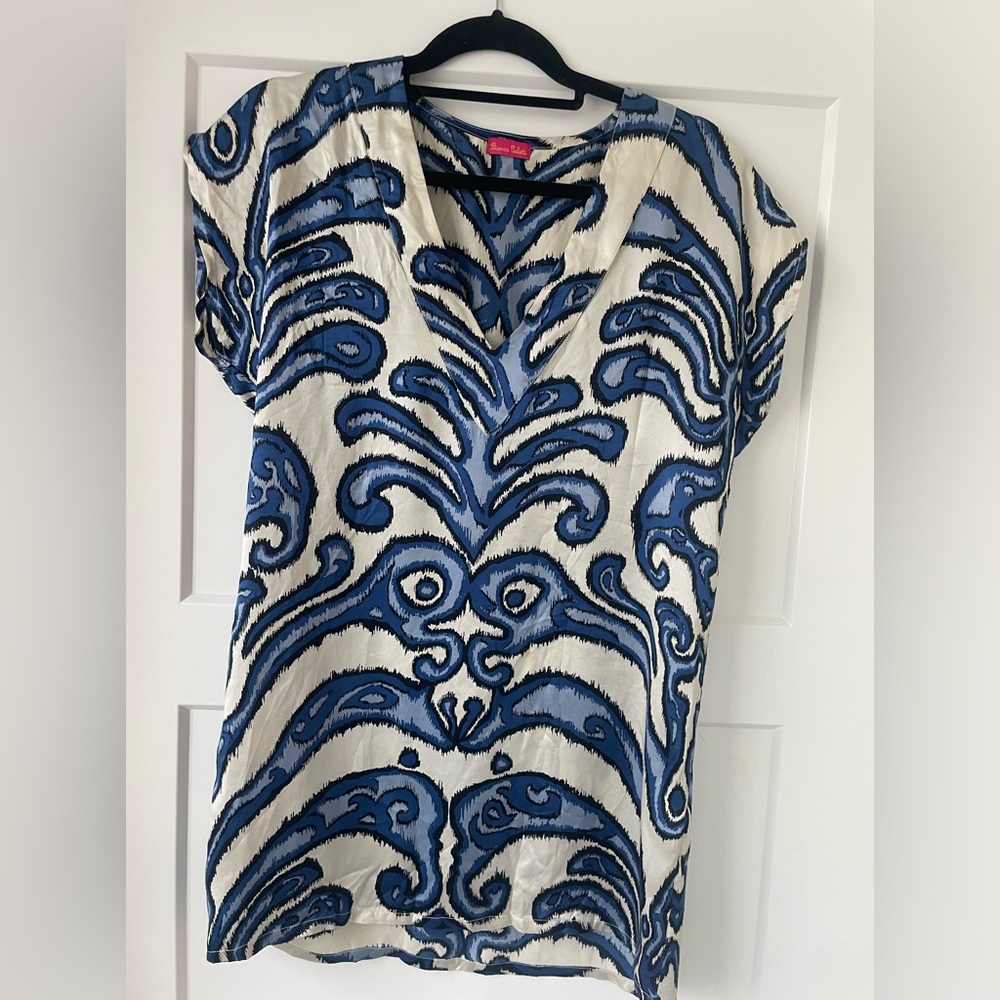 Bianca Coletti, mini dress/tunic, silk, blue and white, size Small